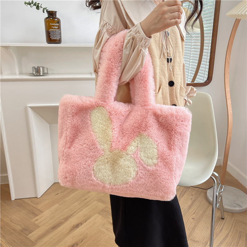 Cute Cartoon Rabbit Ears Plush Bag Autumn And Winter Shoulder Bag Shopping Handbags Large Capacity Personalized Tote Bags For Women