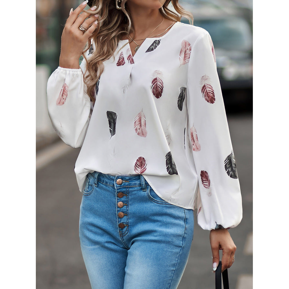 Polo con estampado de plumas Camisa de manga larga tipo farol Cuello vuelto Tops con botonadura Ropa