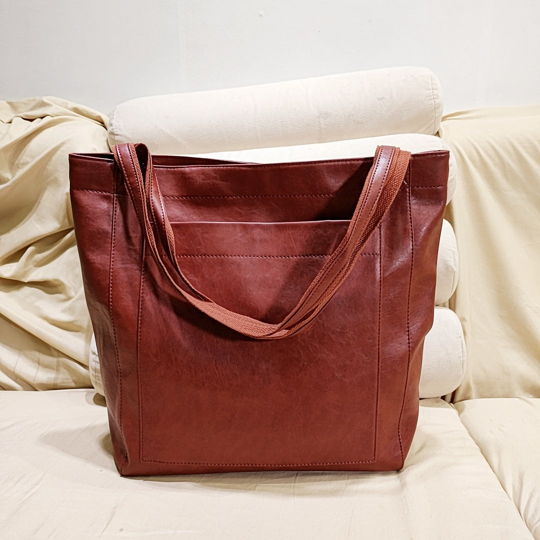 Bolso de hombro Retro de gran capacidad con bolsillo grande, bolsos de cuero encerado con aceite, bolsos de compras diarios a la moda