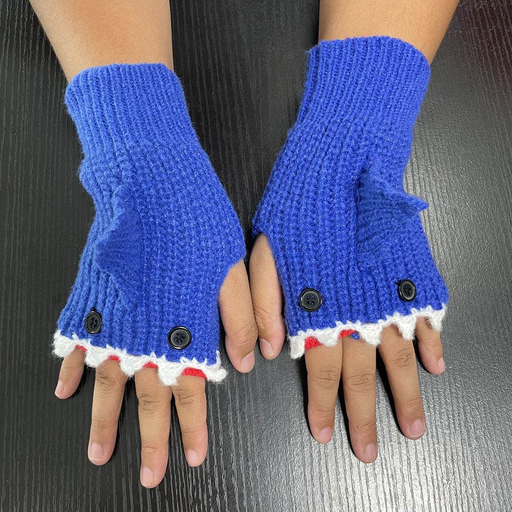 New Cartoon Grey Shark Warm Half Finger Knitted Gloves - Here2Save