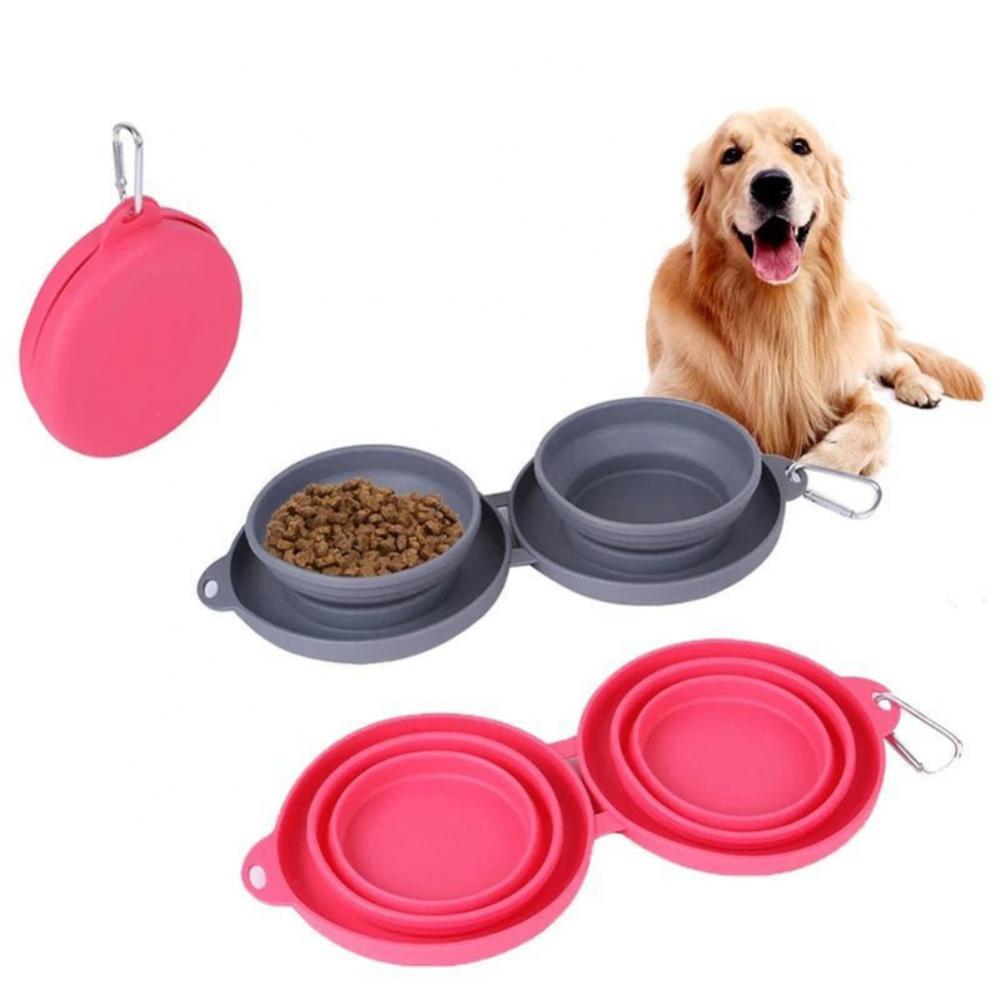 Rubber Foldable Double Bowl Pet Feeding Bowl Pets Supplies Dog Cat Bowls - Here2Save