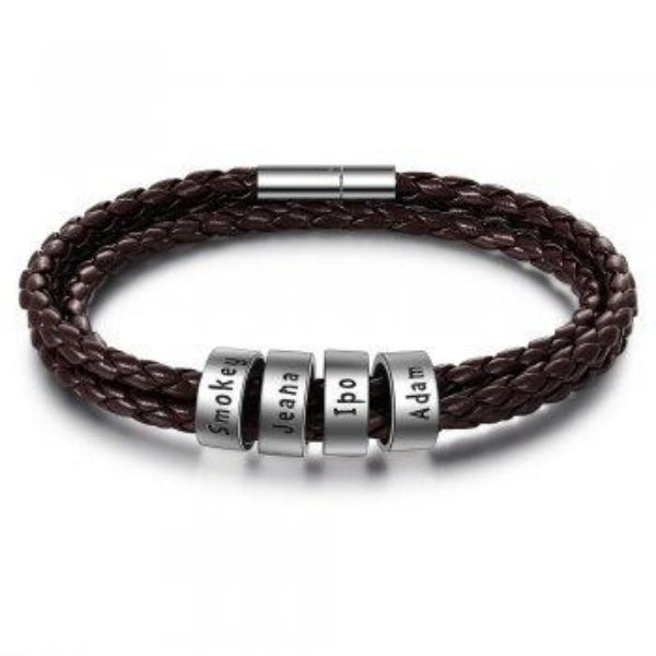 Personalized Mens Braided Genuine Leather Bracelet Stainless Steel Custom Beads Name Charm Bracelet For Men With Family Names - Here2Save