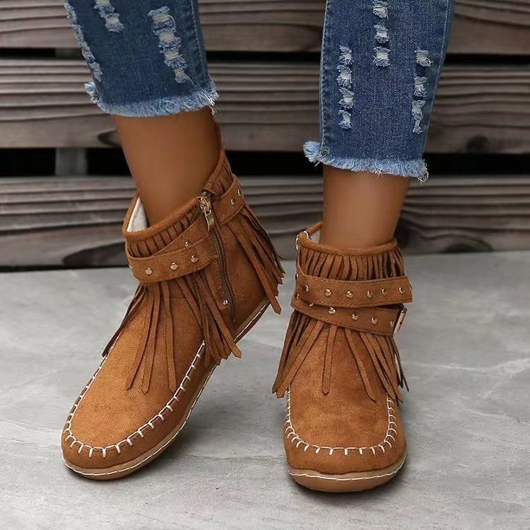 Botines retro con remaches y borlas, zapatos planos, botas de invierno para mujer