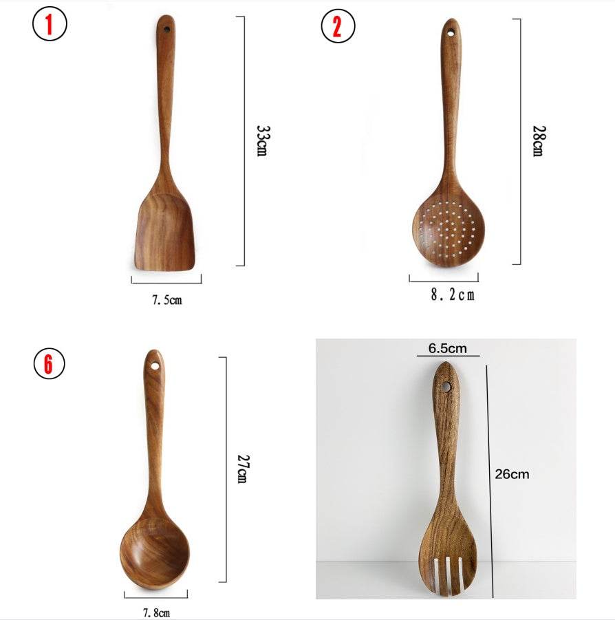 Thailand Teak Natural Wood Tableware Spoon Ladle Turner Long Rice Colander Soup Skimmer Cooking Spoons Scoop Kitchen Tool Set - Here2Save