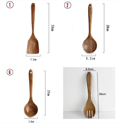 Thailand Teak Natural Wood Tableware Spoon Ladle Turner Long Rice Colander Soup Skimmer Cooking Spoons Scoop Kitchen Tool Set - Here2Save