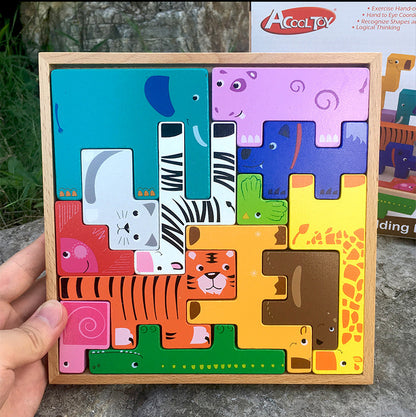 Wooden animal building block toys puzzle for children