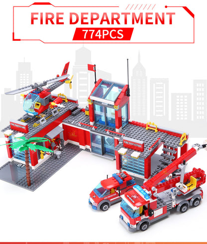 Fire Station Model Building Blocks City Construction Firefighter Truck Educational Bricks Toys Child