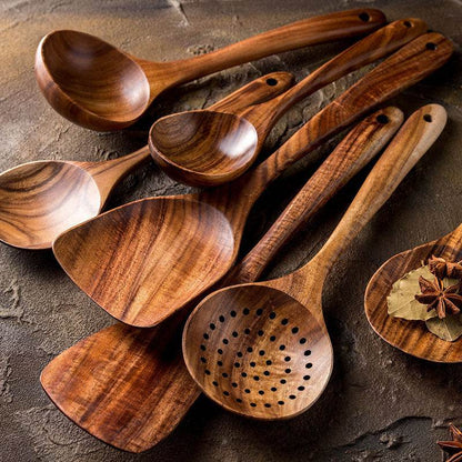 Thailand Teak Natural Wood Tableware Spoon Ladle Turner Long Rice Colander Soup Skimmer Cooking Spoons Scoop Kitchen Tool Set - Here2Save