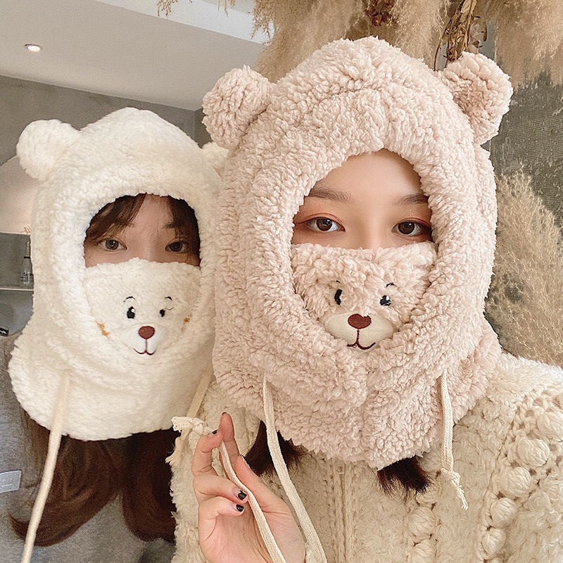 Cute Bear Plush Hat Winter Warm Thickened Scarf With Mask Anf Drawstring Design