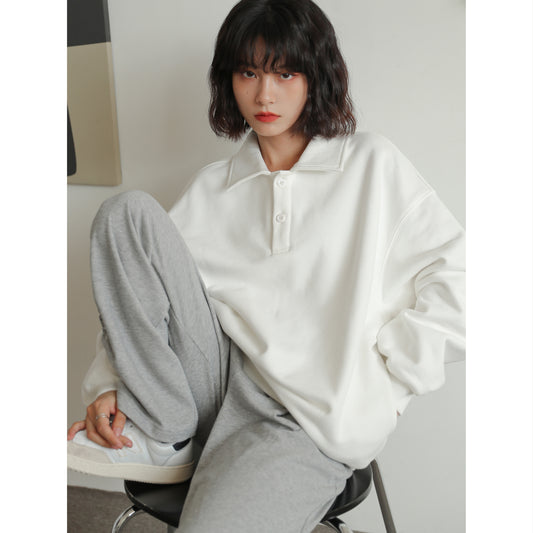 Women's White Sweater Loose Korean Style Polo Collar Hooded Top