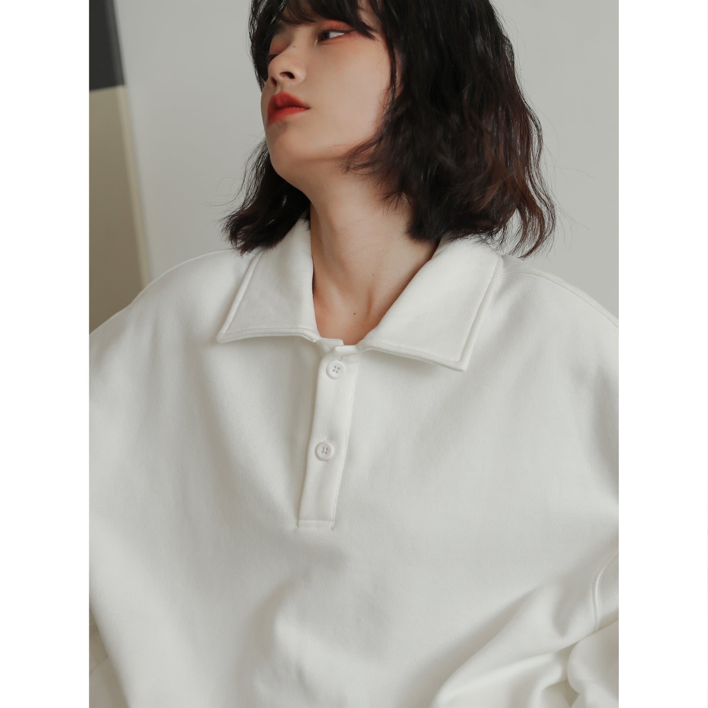 Women's White Sweater Loose Korean Style Polo Collar Hooded Top