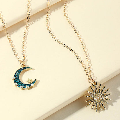 Sun Moon Necklace Blue Gold Stainless Steel Pendant Necklaces Jewelry - Here2Save