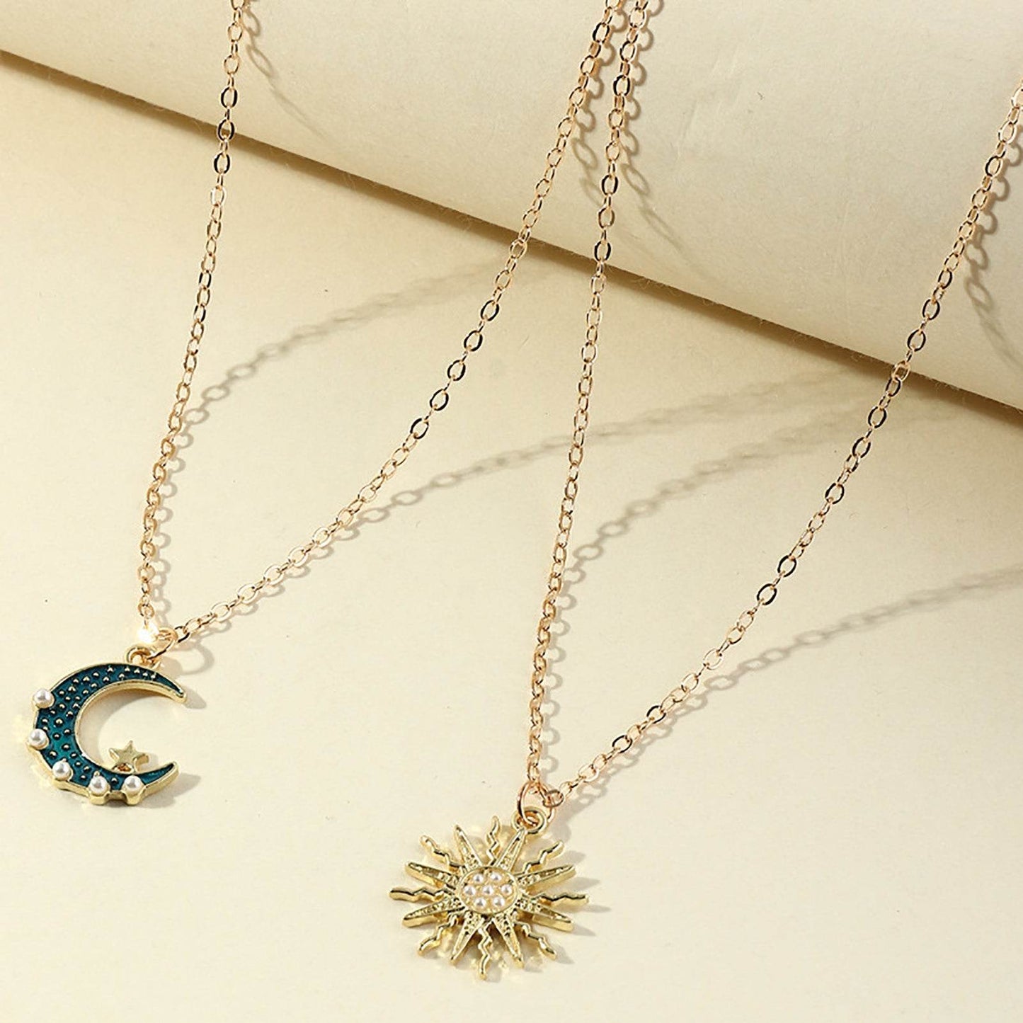 Sun Moon Necklace Blue Gold Stainless Steel Pendant Necklaces Jewelry - Here2Save