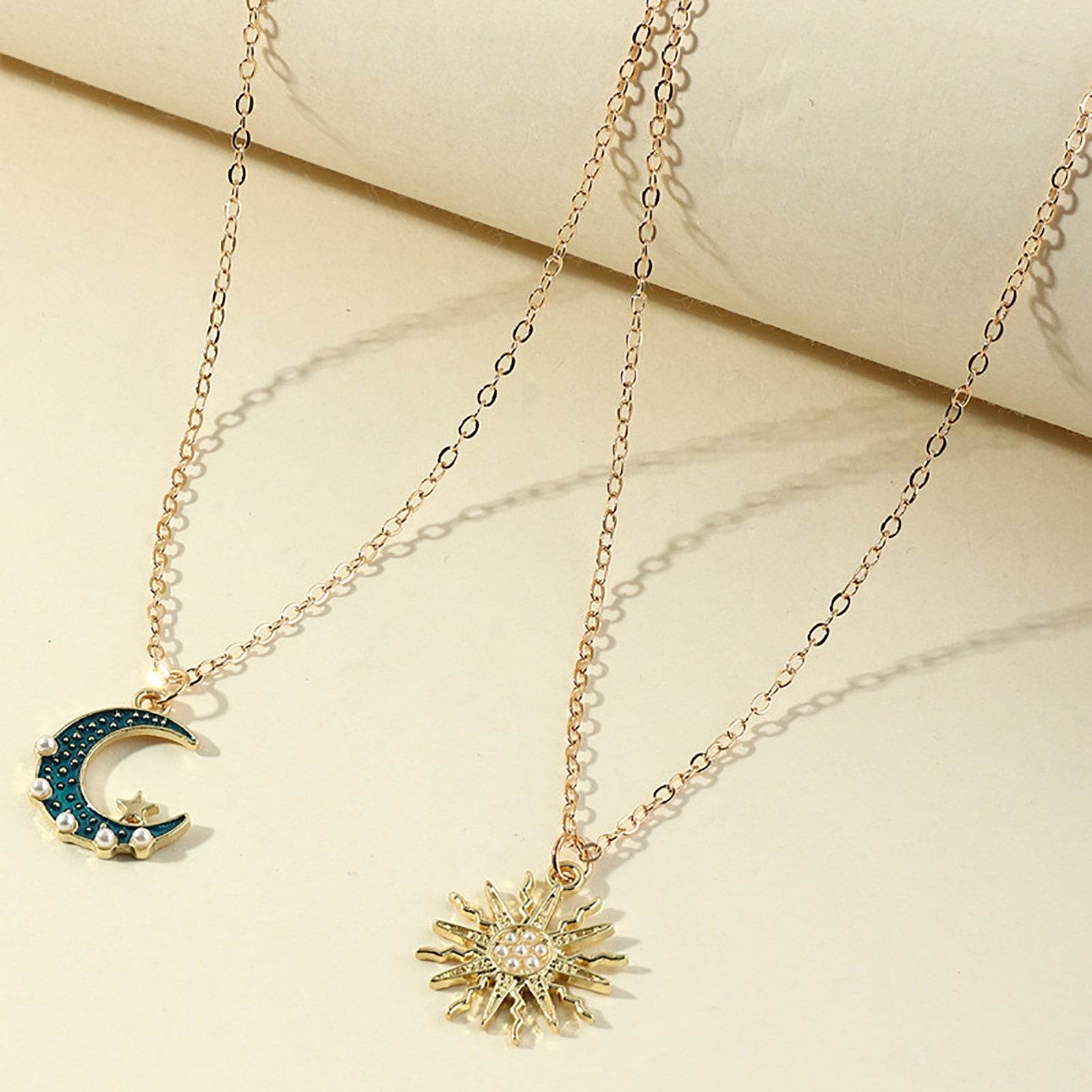 Sun Moon Necklace Blue Gold Stainless Steel Pendant Necklaces Jewelry - Here2Save