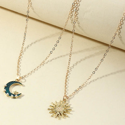 Sun Moon Necklace Blue Gold Stainless Steel Pendant Necklaces Jewelry - Here2Save
