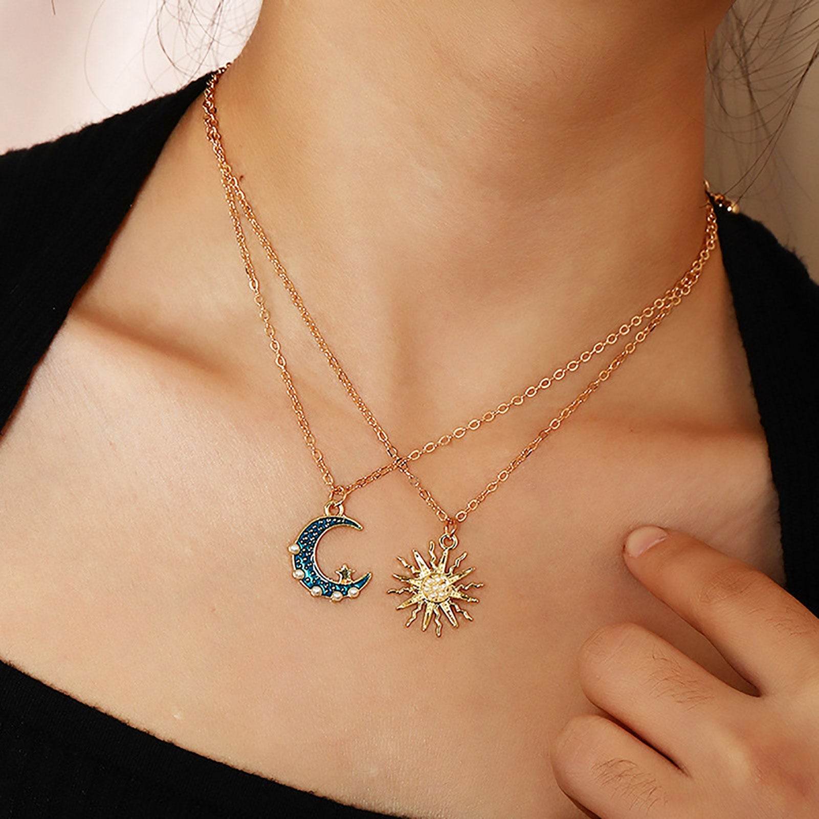 Sun Moon Necklace Blue Gold Stainless Steel Pendant Necklaces Jewelry - Here2Save