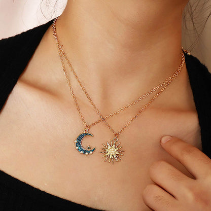 Sun Moon Necklace Blue Gold Stainless Steel Pendant Necklaces Jewelry - Here2Save
