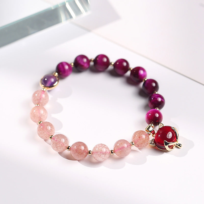 Nueva pulsera Original de cristal sándwich de dos colores para mujer, pulsera de pareja de amatista y cristal de fresa con piedra de ojo de tigre rojo rosa