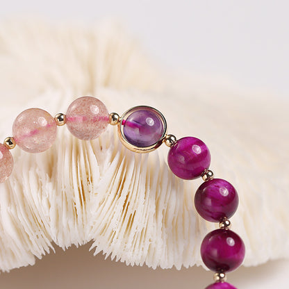 Nueva pulsera Original de cristal sándwich de dos colores para mujer, pulsera de pareja de amatista y cristal de fresa con piedra de ojo de tigre rojo rosa