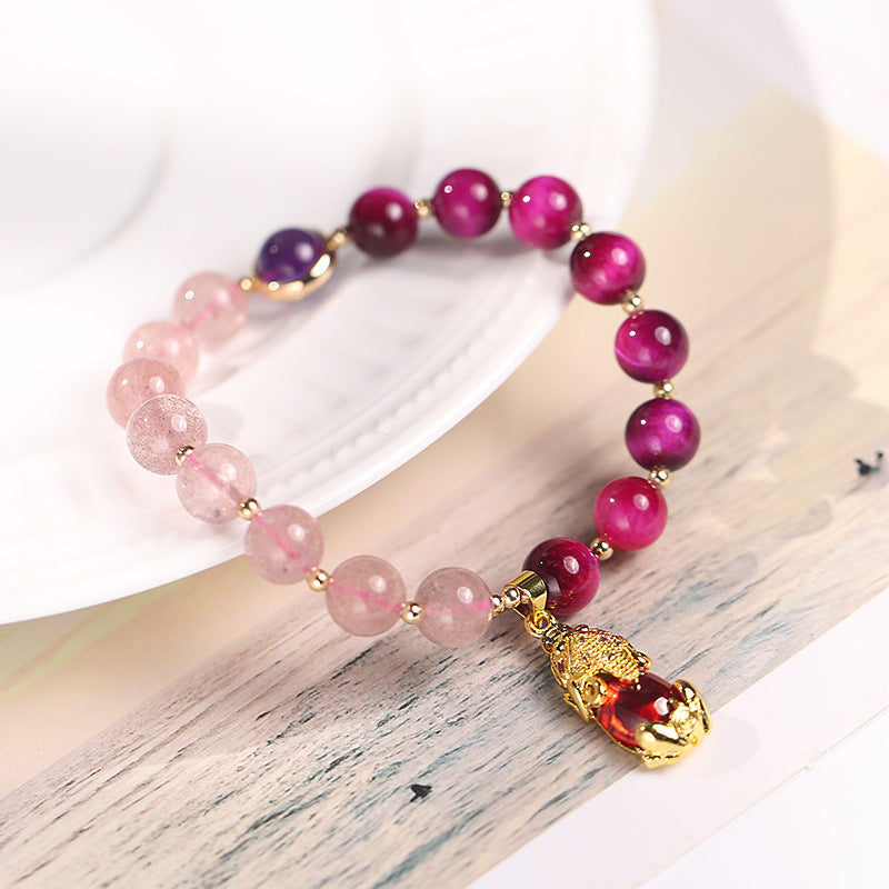 Nueva pulsera Original de cristal sándwich de dos colores para mujer, pulsera de pareja de amatista y cristal de fresa con piedra de ojo de tigre rojo rosa