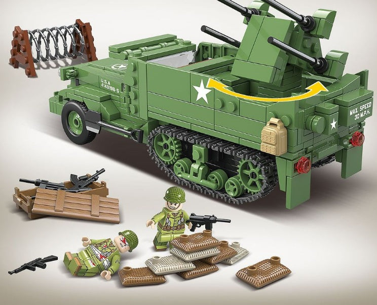 Half-Track Quadruple Anti-Aircraft Vehicle Model Children Assembling Building Block Toys