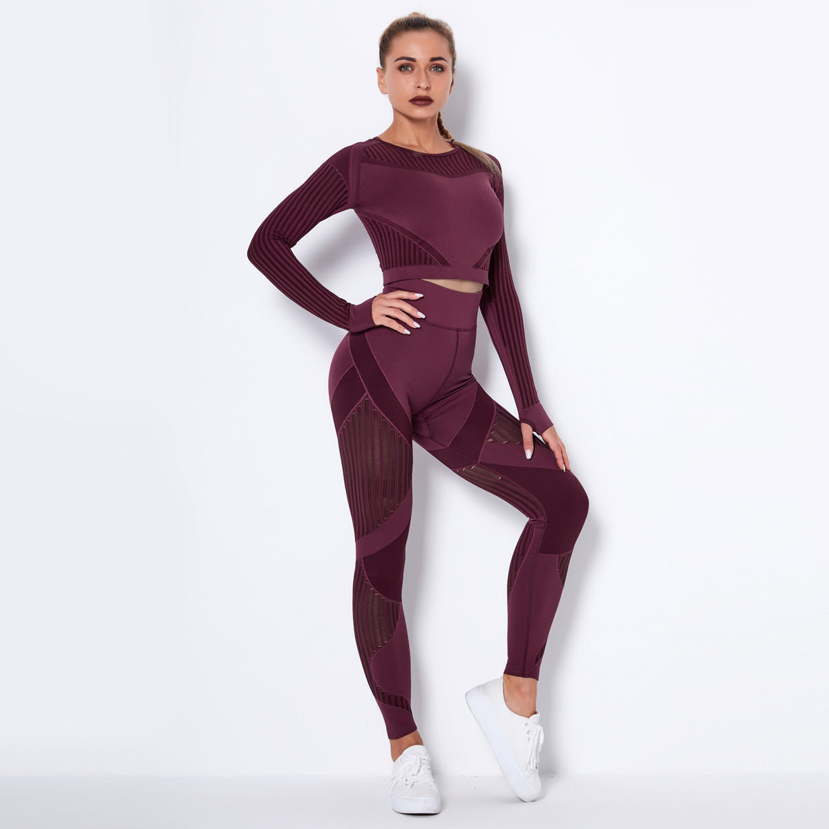 Traje de manga larga de yoga absorbente de punto sin costuras Traje de yoga