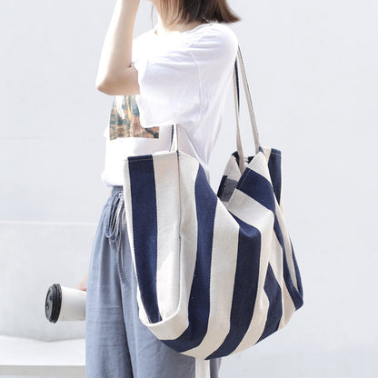 Striped Canvas Bags High Capacity Shoulder Bags For Women Fashion Shopper Handbags Casual Shopping Totes