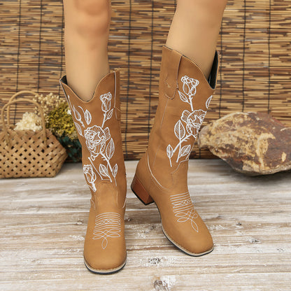 Flower Embroider Mid Calf Cowboy Boots Women Autumn Winter Chunky Heels Western Boots Square Toe Denim Long Boots Fashion Shoes