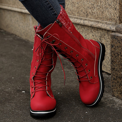 Botas largas con cordones a media pantorrilla para mujer, botas vaqueras de mezclilla con punta redonda y tacón plano con cremallera lateral, botas occidentales, zapatos de moda para Otoño e Invierno