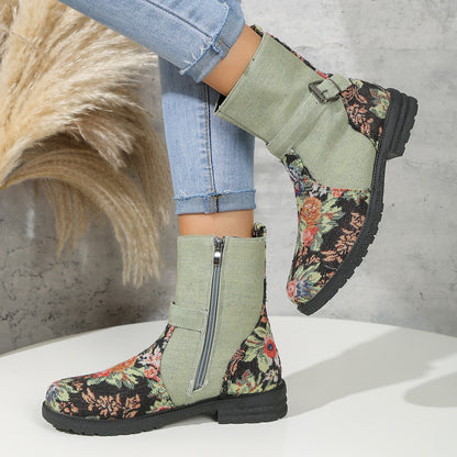 Botines con estampado de flores para mujer, botas de vaquero de tacón grueso con hebilla de cinturón Retro y cremallera lateral, zapatos de punta redonda para otoño e invierno