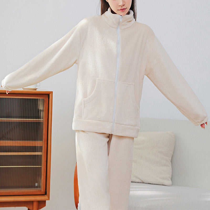 Winter Pajamas Sets Homewear With Pockets Design Thickened Coral Velvet Stand Collar Warm Pajamas Indoor Outdoor Casual Clothes