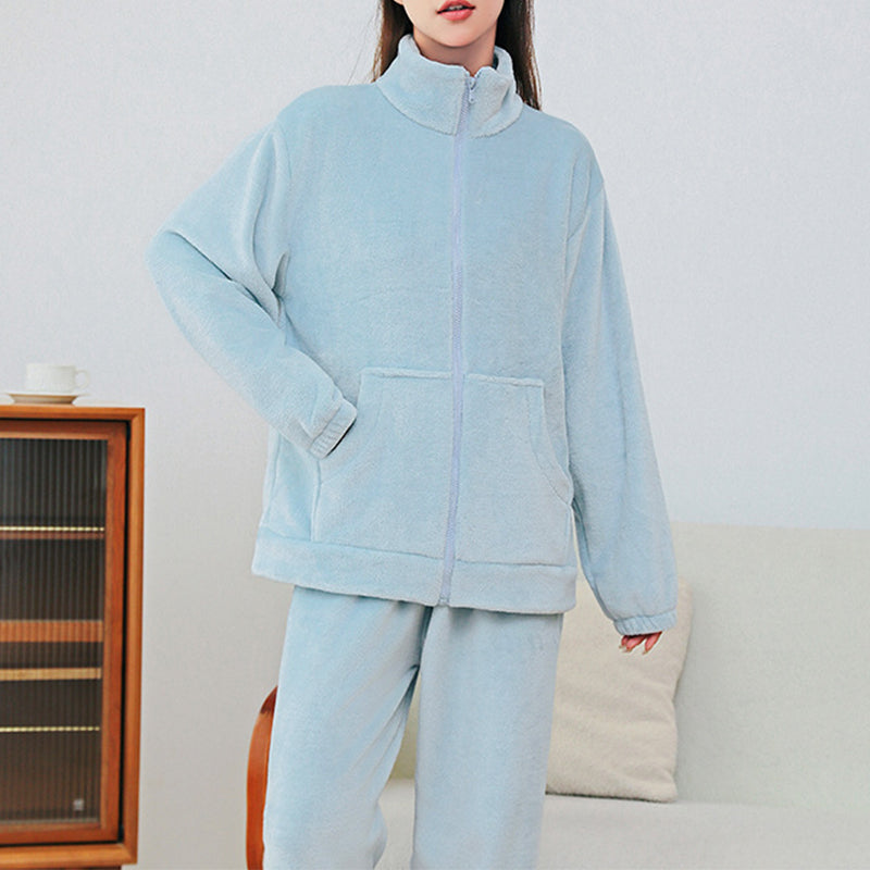 Winter Pajamas Sets Homewear With Pockets Design Thickened Coral Velvet Stand Collar Warm Pajamas Indoor Outdoor Casual Clothes