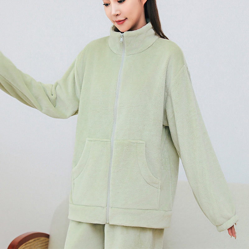 Winter Pajamas Sets Homewear With Pockets Design Thickened Coral Velvet Stand Collar Warm Pajamas Indoor Outdoor Casual Clothes