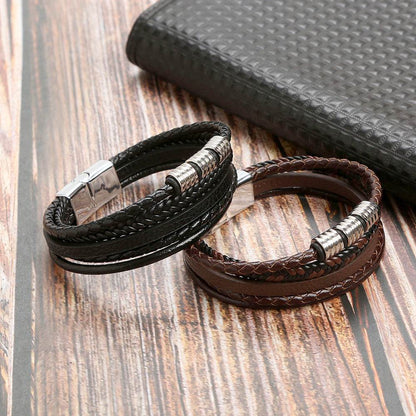 Stainless Steel Men's Leather Magnetic Buckle Woven Bracelet - Here2Save