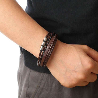 Stainless Steel Men's Leather Magnetic Buckle Woven Bracelet - Here2Save