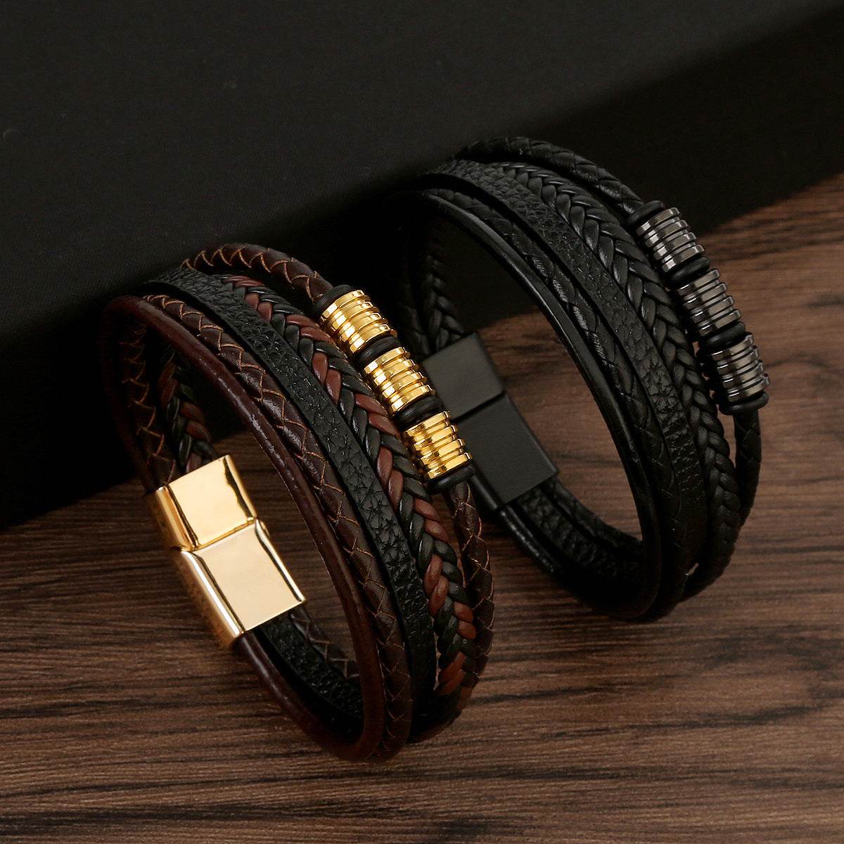 Stainless Steel Men's Leather Magnetic Buckle Woven Bracelet - Here2Save