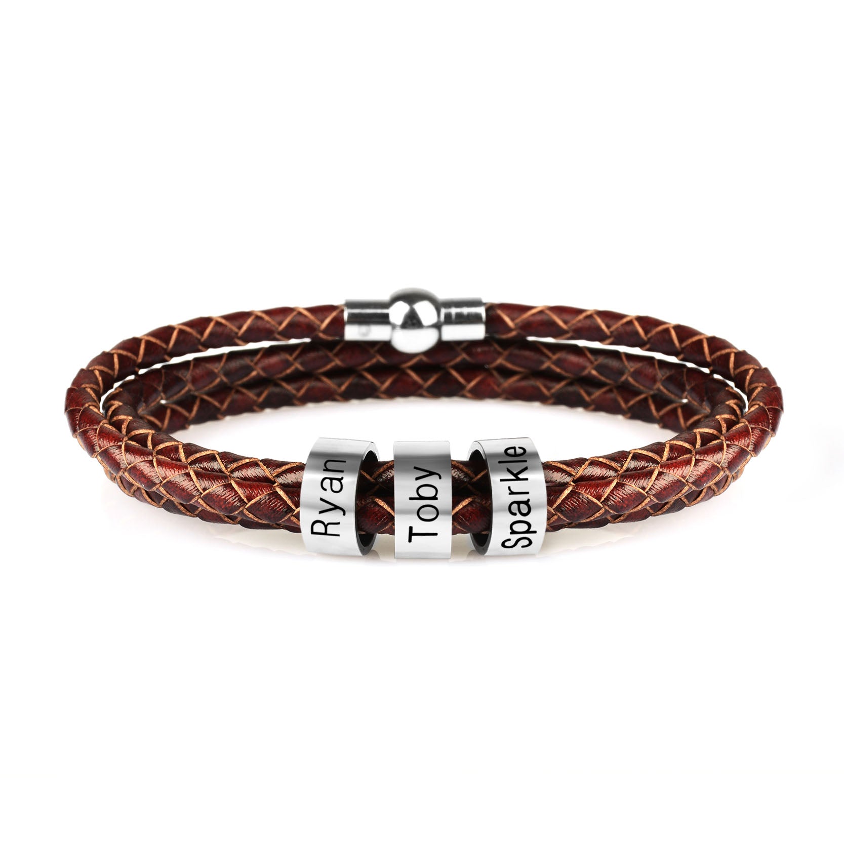 Personalized Mens Braided Genuine Leather Bracelet Stainless Steel Custom Beads Name Charm Bracelet For Men With Family Names - Here2Save