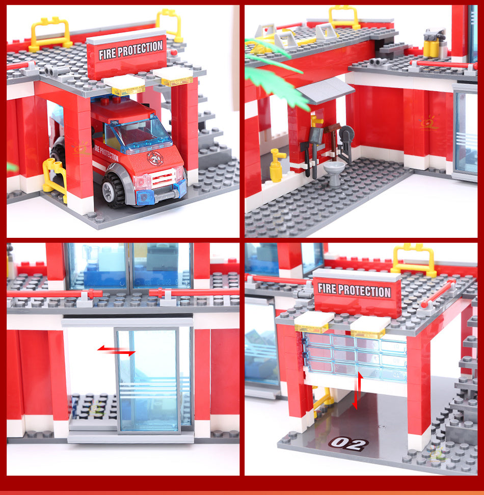 Fire Station Model Building Blocks City Construction Firefighter Truck Educational Bricks Toys Child