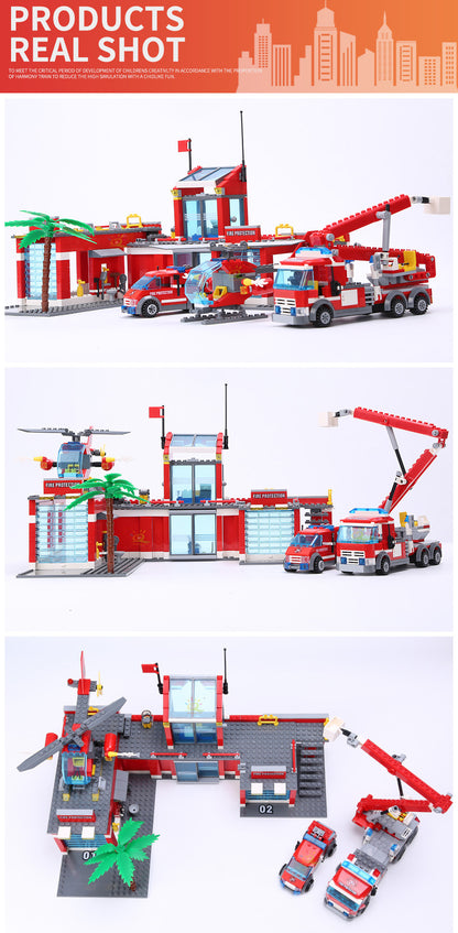 Fire Station Model Building Blocks City Construction Firefighter Truck Educational Bricks Toys Child