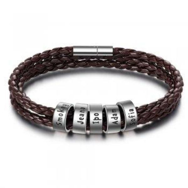 Personalized Mens Braided Genuine Leather Bracelet Stainless Steel Custom Beads Name Charm Bracelet For Men With Family Names - Here2Save