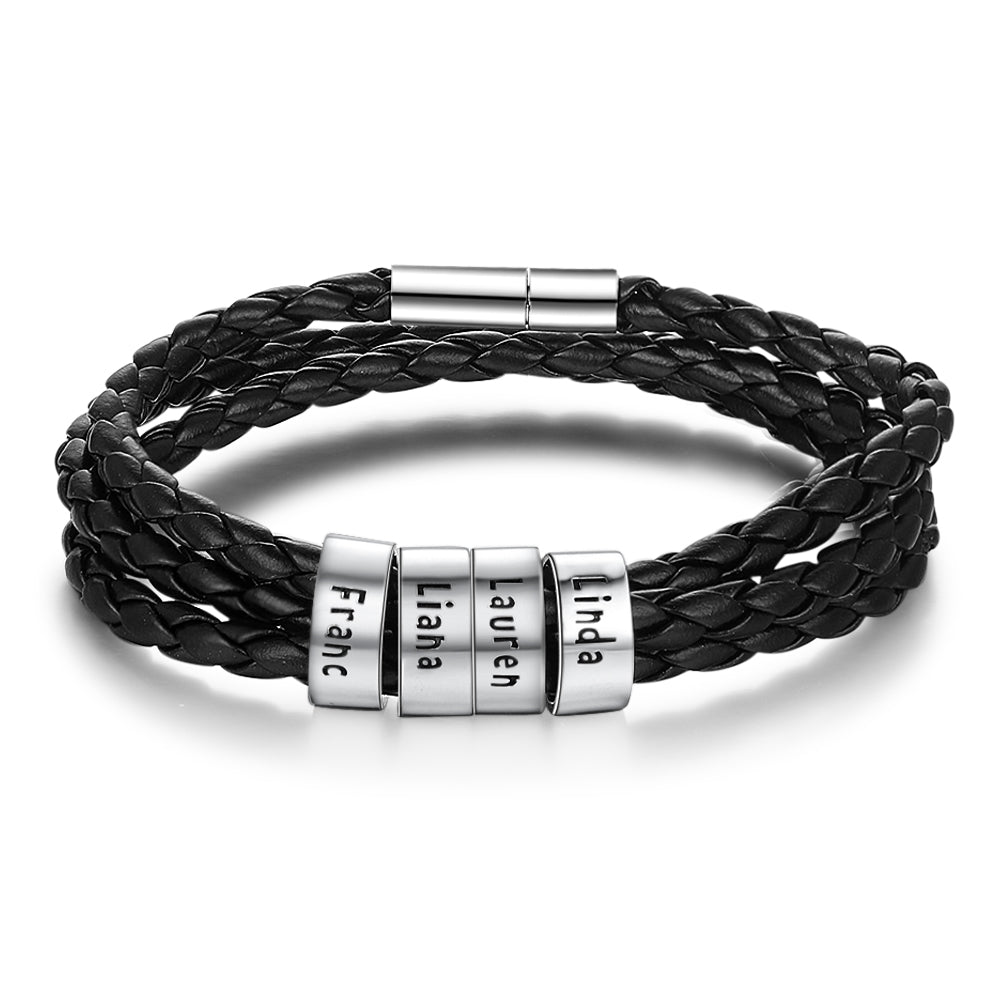 Personalized Mens Braided Genuine Leather Bracelet Stainless Steel Custom Beads Name Charm Bracelet For Men With Family Names - Here2Save