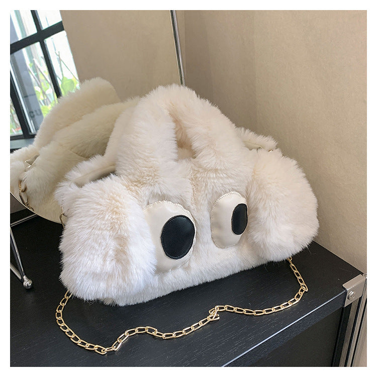 Cute Cartoon Big Eyes Dog Plush Bags For Women Winter Fashion Chains Handbags Designer Personalized Shoulder Crossbody Bag