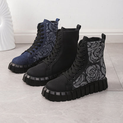 Botas de tobillo para mujer con patrón de rosas florales, zapatos de plataforma con punta redonda, botas casuales con cordones, botas cortas planas de invierno