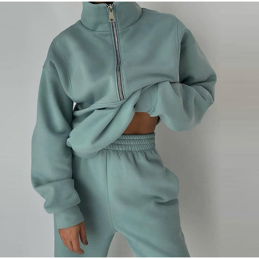 Traje con cuello alto, ropa deportiva corta con cremallera, sudadera y pantalones de manga larga para primavera y otoño, ropa de mujer