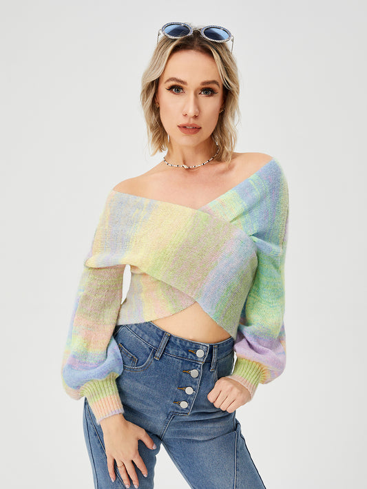 Women's Loose Casual Rainbow Stretch Off Shoulder Sweater