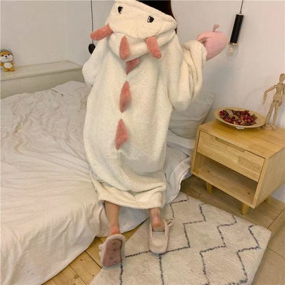 Autumn And Winter Coral Fleece Nightdress Female Cute Cartoon Dinosaur Nightgown Female