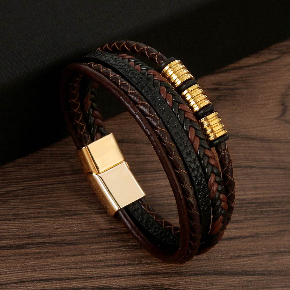 Stainless Steel Men's Leather Magnetic Buckle Woven Bracelet - Here2Save