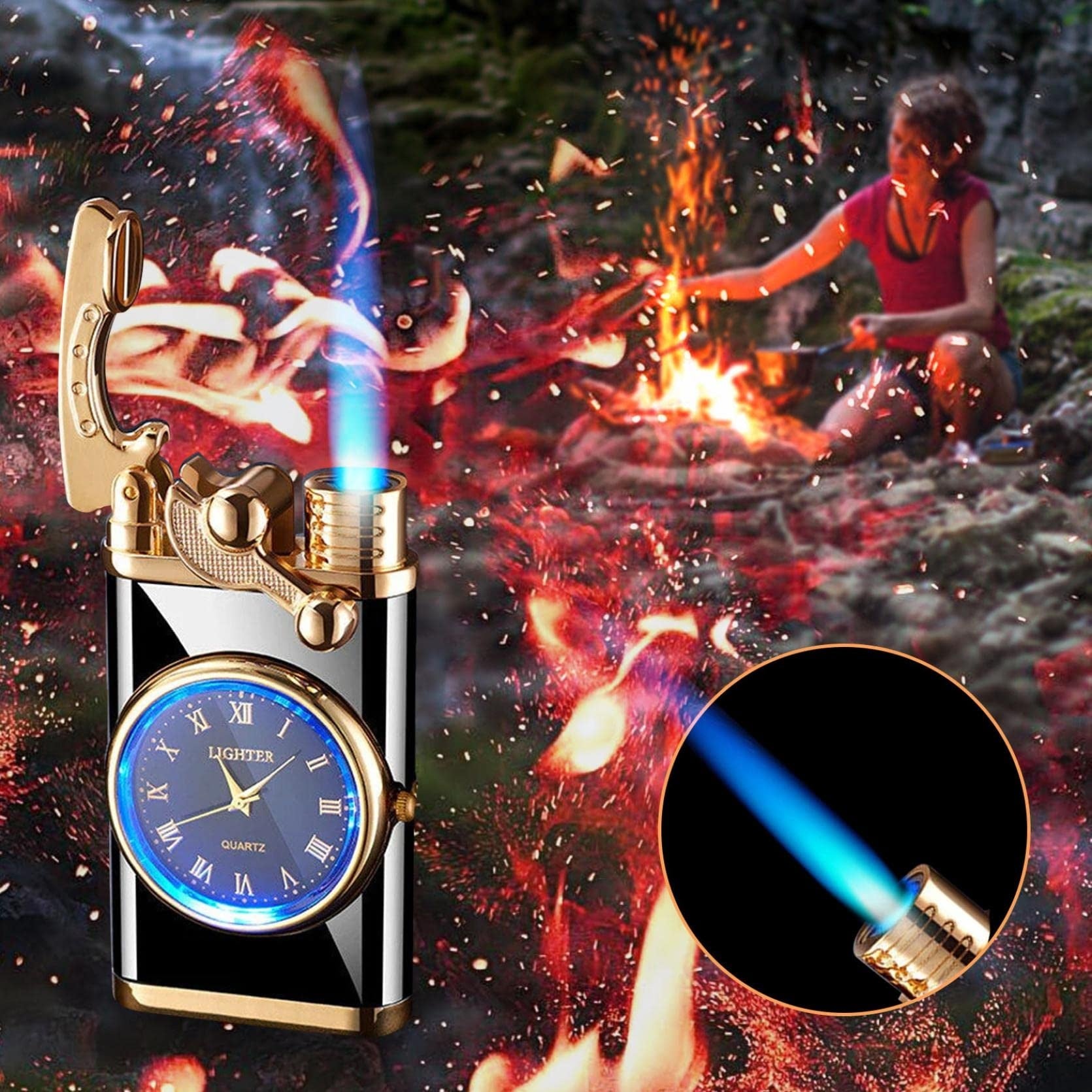 New Lighter With Electric Watch Rocker Arm Automatic Ignition Straight Blue Flame Lighter Creative Real Dial Inflatable Windproof Lighter Men's Watch Gift - Here2Save