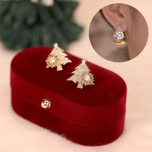 Rotatable Christmas Tree Earrings Shiny Rhinestone Snowflake Stud Earring New Year Xmas Festival Ear Jewelry Gifts Autumn And Winter - Here2Save