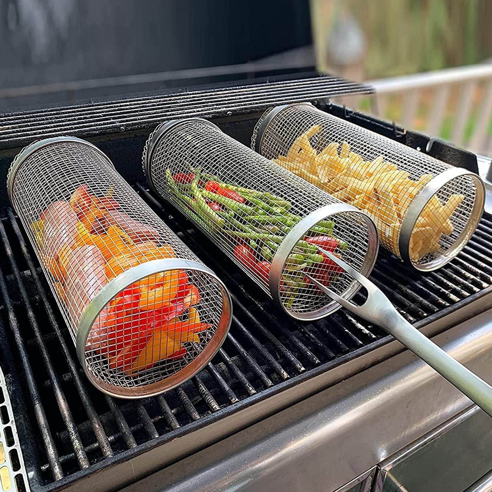 Rolling Grilling Basket Metal BBQ Barbecue Basket Net Portable Outdoor Camping Barbecue Rack Kitchen Gadgets - Here2Save